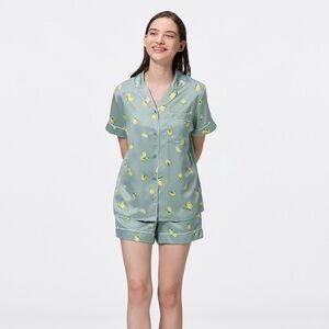 NWOT GU Green Lemon Print satin silky Pajama Set